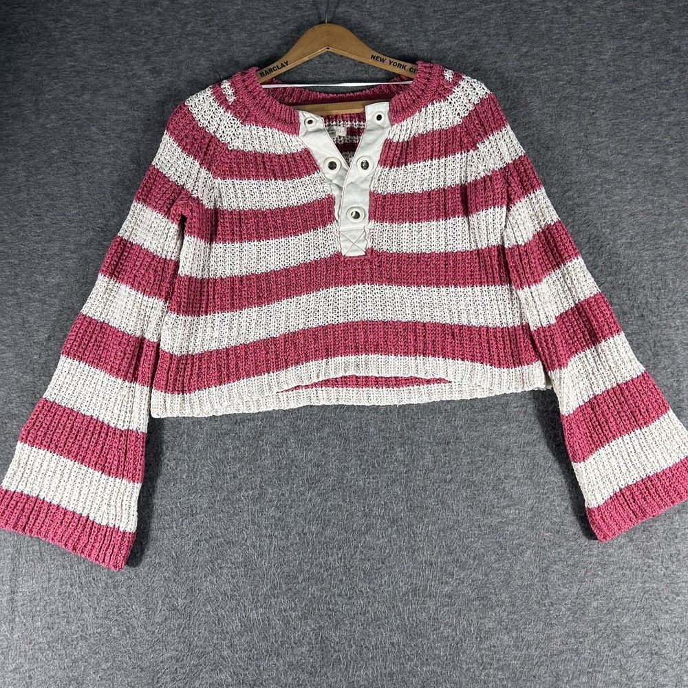 Anthropologie Pilcro Bell Sleeve Red Striped Henley Oversized Sweater SZ XS Boho
